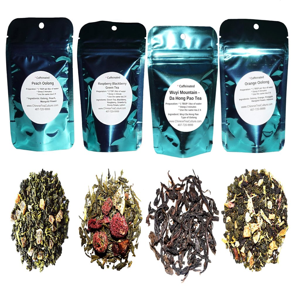 4 Green Tea and Oolong Tea Samplers, Caffeinated, Wuyi Oolong Tea, Raspberry Blackberry Tea, Peach Oolong, Orange Oolong, Loose Leaf Tea