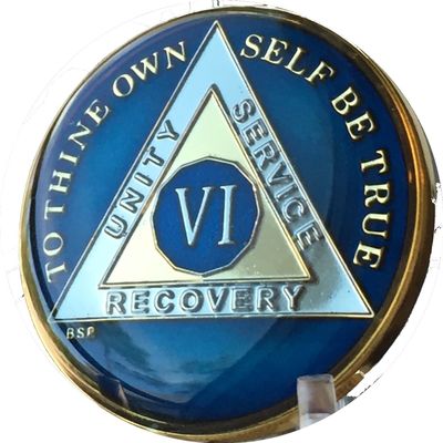 6 Year Midnight Blue AA Medallion Chip Tri Plate Gold & Nickel Plated Serenity Prayer