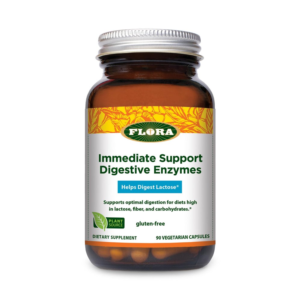 Flora - Immediate Support Digestive Enzymes - Supports Lactose Digestion, Bloating, Heartburn & Gas - Contains 7 Enzymes - Gluten-Free - 90 Vegetarian Capsules