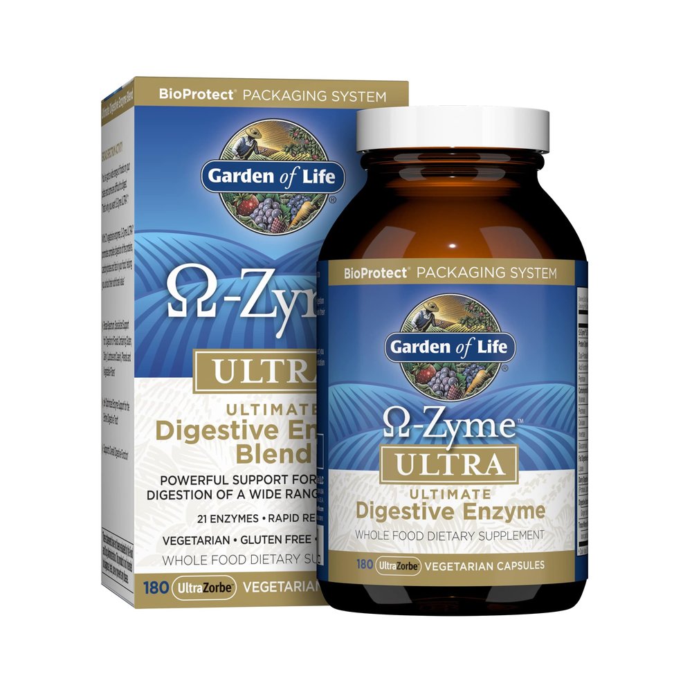 Garden of Life 21 Powerful Digestive Enzymes with Papain, Bromelain, Lipase, Ginger, Turmeric for Complete Digestion of Protein, Carbs & Fats  Omega-Zyme ULTRA, Gluten-Free, Vegetarian, 180 Capsules