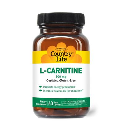 Country Life L-Carnitine 500mg  60 Vegan Capsules | Supports Energy Production & Fat Metabolism | Includes Vitamin B6 for Utilization | Gluten-Free, Certified Vegan Amino Acid Supplement