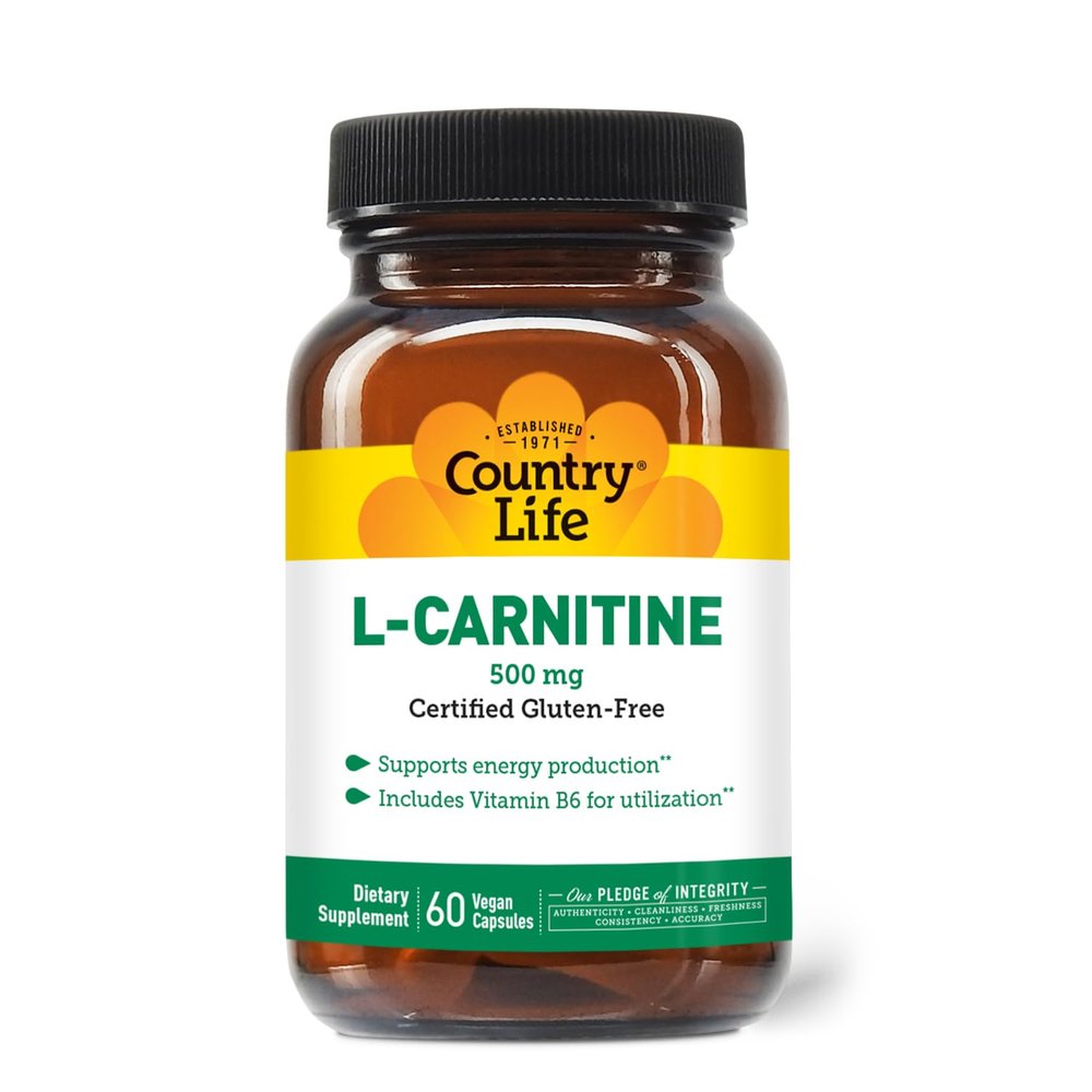 Country Life L-Carnitine 500mg 60 Vegan Capsules | Supports Energy Production & Fat Metabolism | Includes Vitamin B6 for Utilization | Gluten-Free, Certified Vegan Amino Acid Supplement