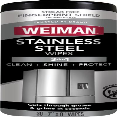 Weiman Stainless Steel Cleaner, 30 Count Cleaning Wipes, Removes Dirt, Grime, and Grease, No Streaks or Residue, Stainless Steel Polish for a Sparkling Clean and Shiny Surface, Cleaning Supplies