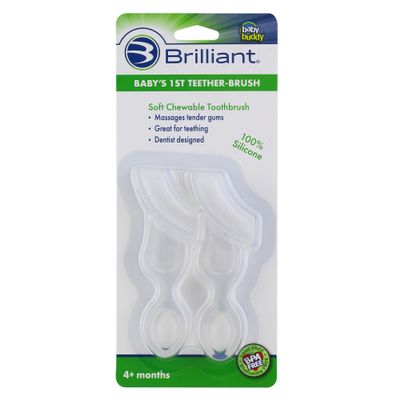 Brilliant Oral Care Babys First Toothbrush, Smooth Silicone Bristles Gently Clean Tender Teeth and Gums, for Ages 4+ Months, Clear, 2 Pack