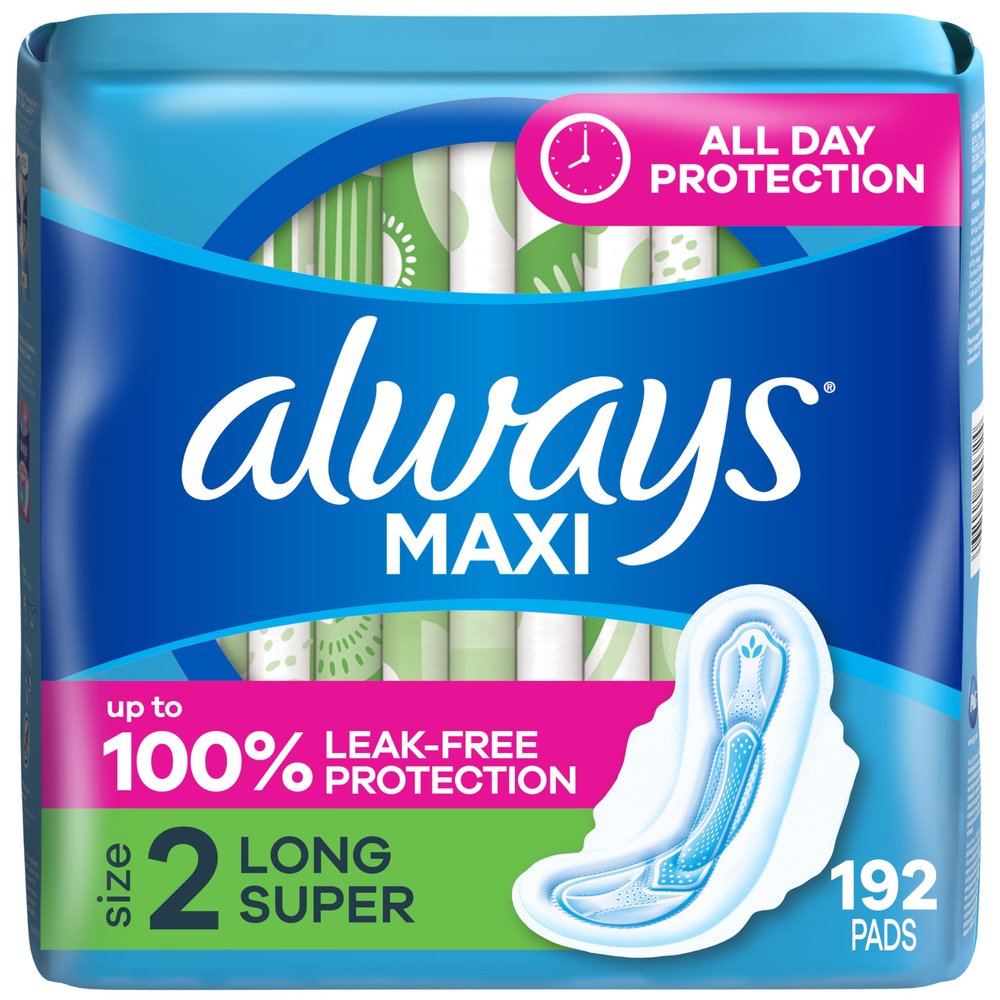 Always Maxi Feminine Pads with Wings for Women, Size 2, Long Super Absorbency, Unscented, 192 Count (6 Packs of 32)