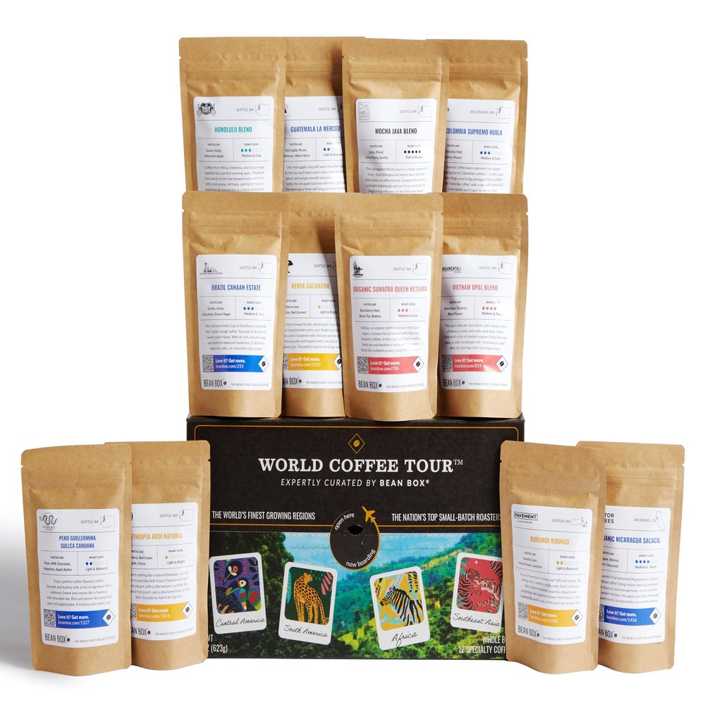 Bean Box World Coffee Tour | Gourmet Coffee Gift Basket | Freshly Ground 12-Piece Variety Set
