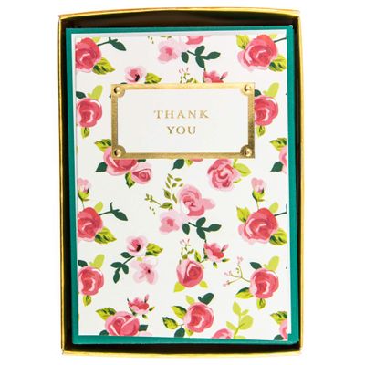 Graphique Pretty Floral Boxed Notecards, 16 Colorful Floral "Thank You" Message Cards, Embossed and Embellished Gold Foil Notecards with Matching Envelopes and Storage Box, 3.25" x 4.75"