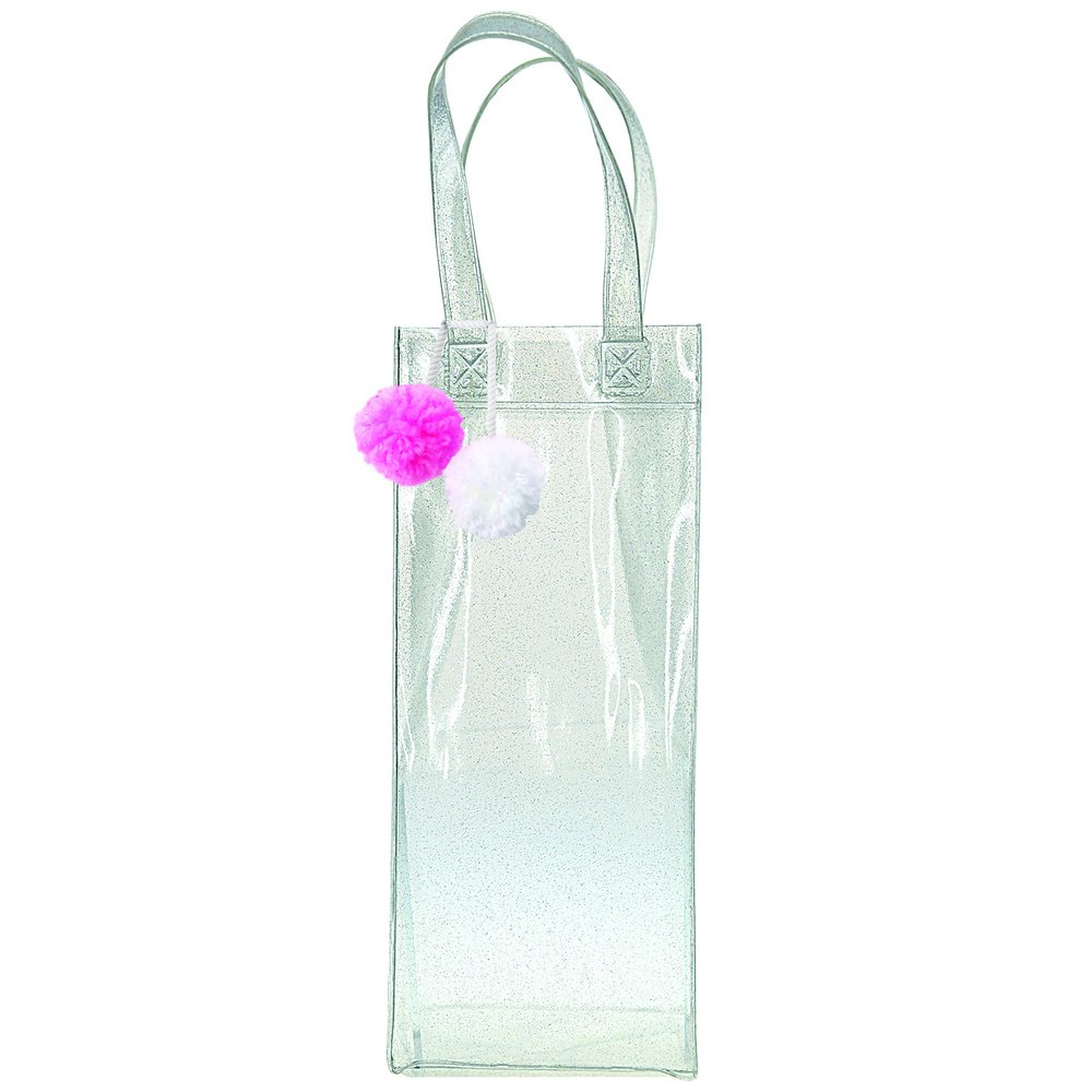 Graphique Sparkle Large Plastic Wine Bag-Fun Clear Design with Pink and White Poms, 4.5 x 10 -Perfect for Hosting Parties