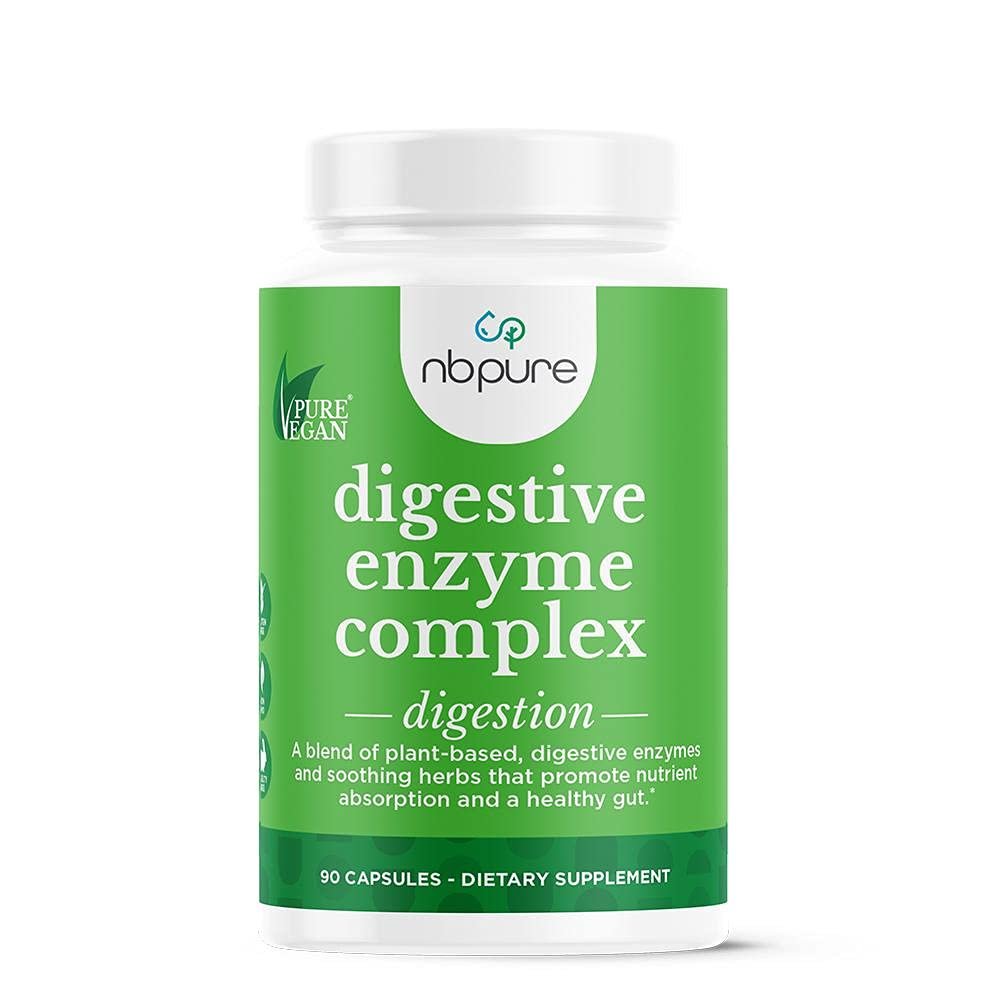 Nbpure Vegan Digestive Enzyme Complex Daily Bloating, Gas, & Food Digestive Support for Women & Men 12 Enzymes & 3 Herbs Lactase, Protease, Lipase, Ginger, Cinnamon, Peppermint + More