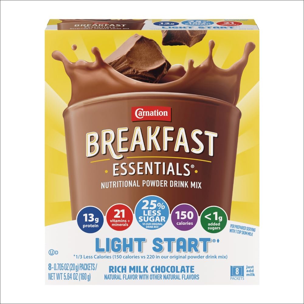 Carnation Breakfast Essentials Light Start Powder Drink Mix, Rich Milk Chocolate, 8 Count Box of Packets