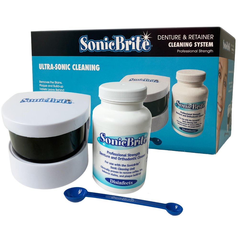 SonicBrite Denture/Retainer Cleaning Kit  Clean any Removable Dental Device with a Powerful Sonic Bath  Cleaner for Night & Mouth Guards, Aligners & More  Powerful Cleaning System
