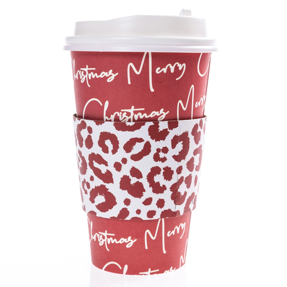 Graphique 12-Pack Disposable to Go Coffee Cups - Merry Christmas Leopard - 16 oz, with Lids - Perfect for Travel, Home, Parties and More
