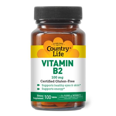 Country Life Vitamin B2 100mg Riboflavin Supplement  Boosts Energy Production & Supports Cell Function, Gluten-Free, Vegan, Kosher, Halal  no preservatives, GMO or Artificial Flavors, 100 Count