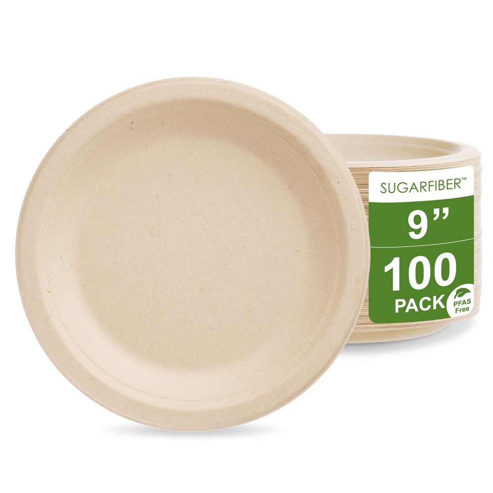 [100 COUNT]Harvest Pack PFAS FREE 9-inch Round Disposable Compostable Paper Plates, Heavy-Duty Natural Bagasse Biodegradable Dinner Plate, Large plate, From Eco-Friendly Sugarcane Plant Fibers