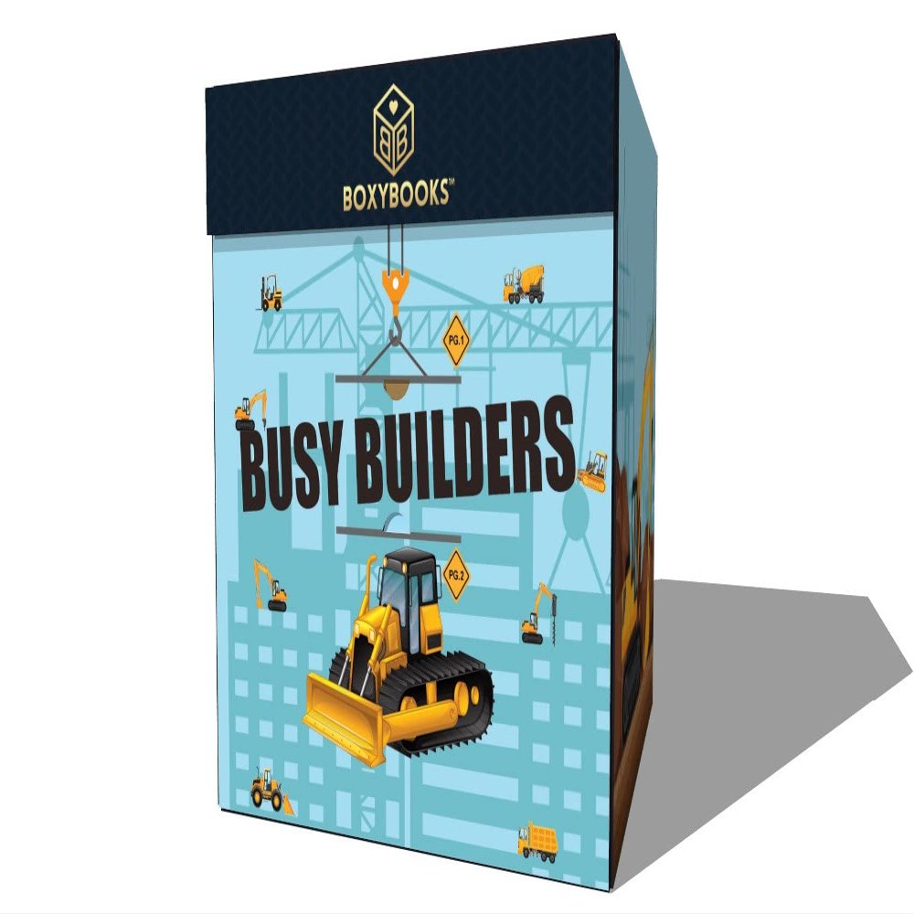 BoxyBooks Gift Box with Magnetic Lid for Kids Unique Gift Box That Tells a Story with Fold-Out Panels Educational, Fun Gift for Children 7x7x7 (Busy Builders)