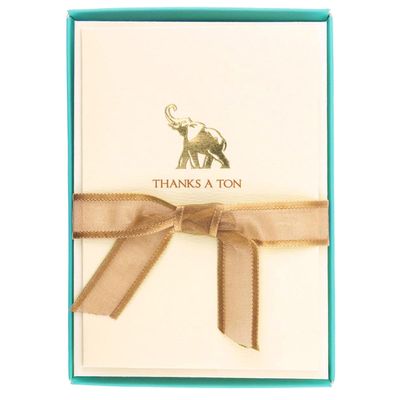 Graphique Elephant La Petite Presse Boxed Notecards - 10 Embossed and Embellished Gold Foil "Thanks a Ton" Elephant Notes with Matching Envelopes, 3.25" x 4.75