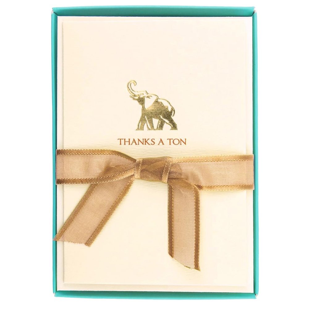 Graphique Elephant La Petite Presse Boxed Notecards - 10 Embossed and Embellished Gold Foil "Thanks a Ton" Elephant Notes with Matching Envelopes, 3.25" x 4.75