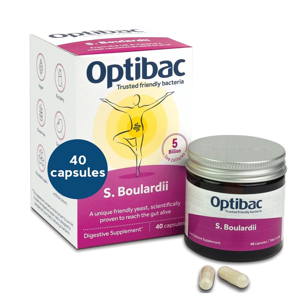 Optibac Probiotics Saccharomyces Boulardii - Vegan Scientifically Proven Digestive Probiotic Supplement, 5 Billion CFU - 40 Capsules
