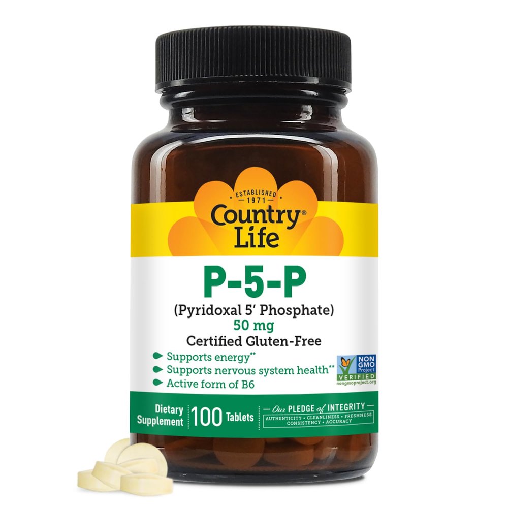 Country Life P-5-P Vitamin B6  Bioavailable Pyridoxal-5-Phosphate Supplement for Energy, Nervous System Support, and Red Blood Cell Growth  Certified Gluten Free, Vegan, Non-GMO  100 Capsules