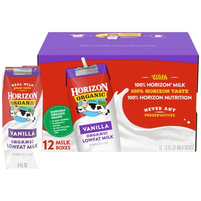 Horizon Organic Shelf Stable 1% Lowfat Vanilla Milk Boxes, 8 fl oz, 12 Count - 8g Protein per Serving, USDA Organic, Ready to Drink for Lunchbox, Travel, or On-the-Go, No Refrigeration Needed