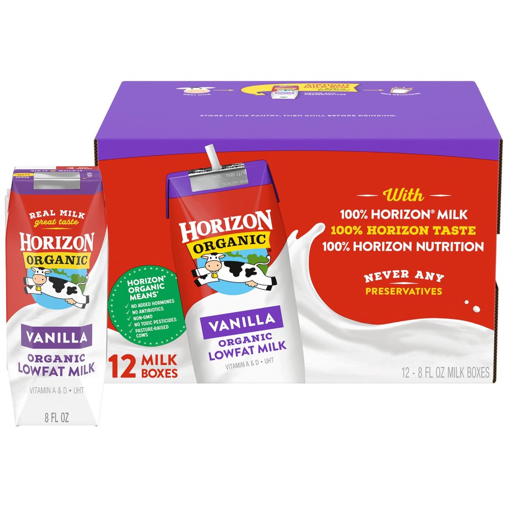 Horizon Organic Shelf Stable 1% Lowfat Vanilla Milk Boxes, 8 fl oz, 12 Count - 8g Protein per Serving, USDA Organic, Ready to Drink for Lunchbox, Travel, or On-the-Go, No Refrigeration Needed