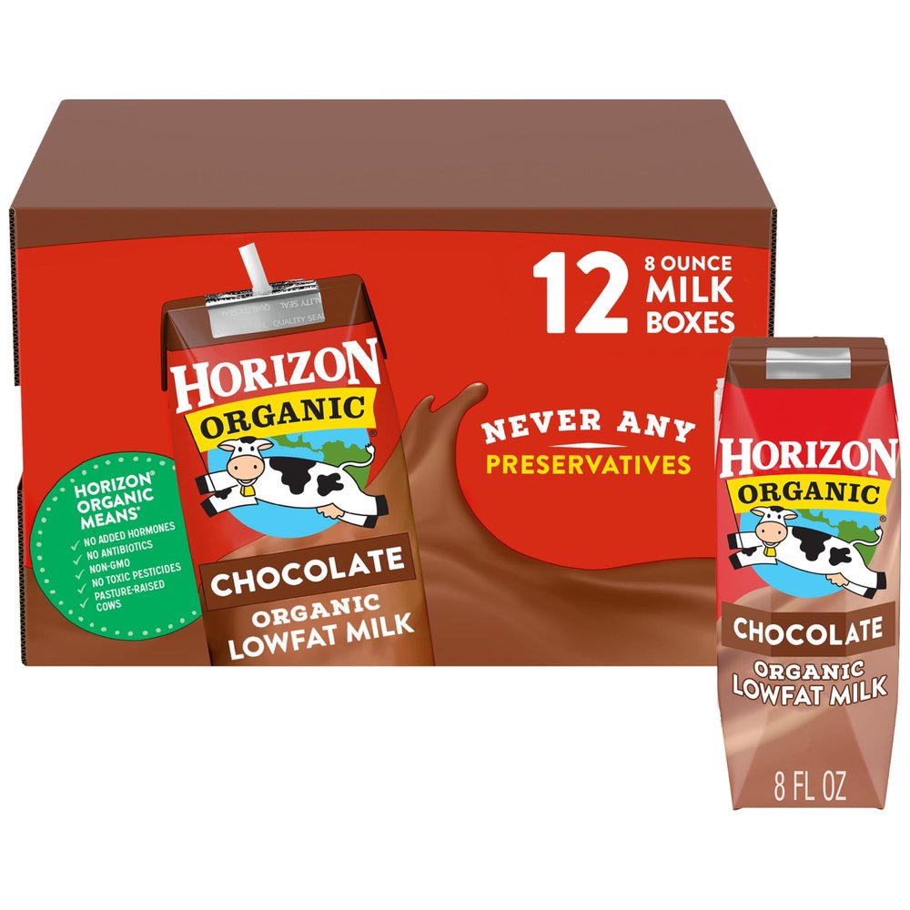 Horizon Organic Shelf Stable 1% Lowfat Chocolate Milk Boxes, 8 fl oz, 12 Count - 8g Protein per Serving, USDA Organic, Ready to Drink for Lunchbox, Travel, or On-the-Go, No Refrigeration Needed
