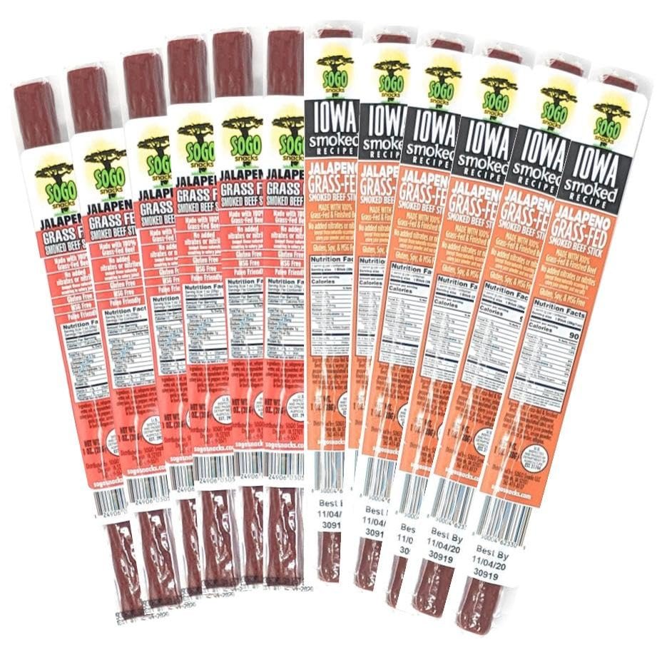 Jalapeo Variety, Sogo Snacks, No Sugar, 100% Grass-fed, Non-GMO Beef Sticks. No Nitrates, Gluten, Soy, MSG, Dairy or Nuts. Keto, Whole30, Paleo Friendly (12 Jalapeo, 12 IASM Jalapeo, 1-oz, 24-cnt)