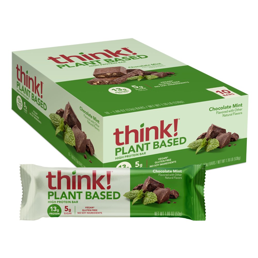 think! Vegan/Plant Based High Protein Bars - Chocolate Mint, 13g Protein, 5g Sugar, No Artificial Sweeteners, Non GMO Project Verified, 10 Count (Packaging May Vary)