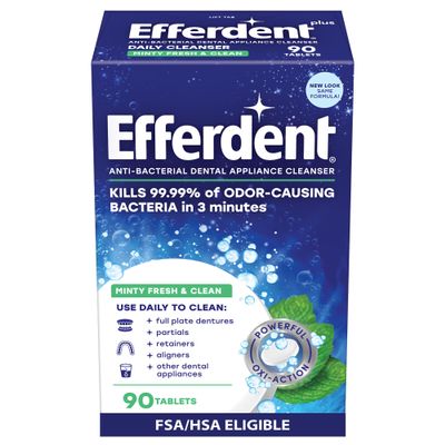 Efferdent Denture Cleaner Tablets  Dental Appliances, Aligners, Mouth Guard, and Retainer Cleaner Tablets, Minty Fresh & Clean, 90 Count
