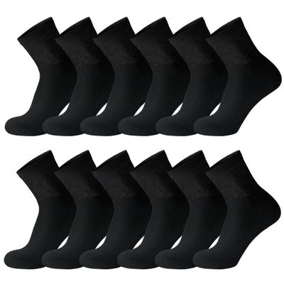12 Pack of Mens Diabetic Quarter Length Athletic Sport Ankle Socks King Size (Black, 13-16)