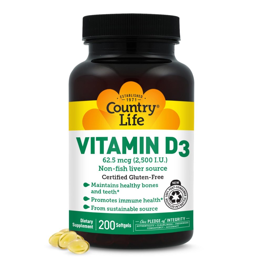 Country Life Vitamin D3 2500 IU  Non-Fish Derived, High Potency Vitamin D3 for Bone Strength, Immune Support & Calcium Absorption  Certified Gluten-Free, 200 Softgels