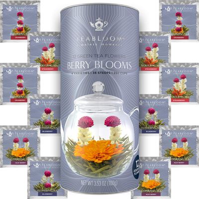 Teabloom Holiday Flowering Teas - 12 Assorted, Delicious Berry Blooming Teas - Premium Green Tea + Cranberry, Blueberry, Acai Berry & Strawberry