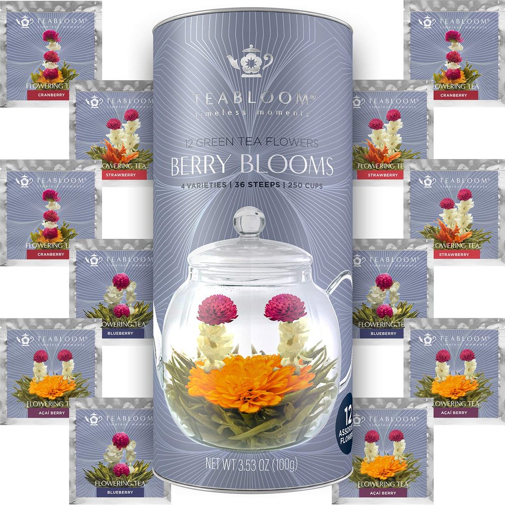 Teabloom Holiday Flowering Teas - 12 Assorted, Delicious Berry Blooming Teas - Premium Green Tea + Cranberry, Blueberry, Acai Berry & Strawberry