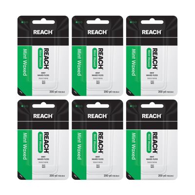REACH Waxed Dental Floss, Mint, Plaque Remover for Teeth, Shred Resistant, Floss Slides Smoothly, Easy to Use, Waxed, Deep Cleaning Teeth, Oral Care, PFAS Free, for Adults & Kids, 6 Pack, 200 yd