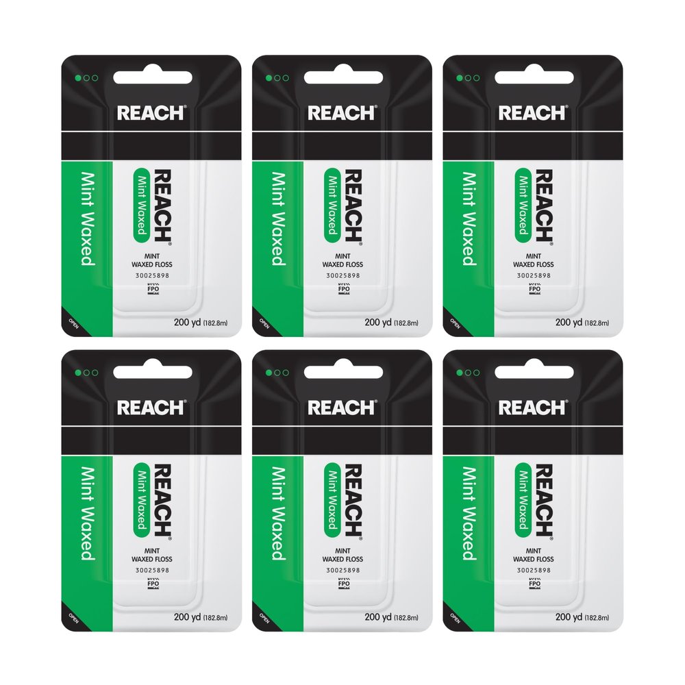 REACH Waxed Dental Floss, Mint, Plaque Remover for Teeth, Shred Resistant, Floss Slides Smoothly, Easy to Use, Waxed, Deep Cleaning Teeth, Oral Care, PFAS Free, for Adults & Kids, 6 Pack, 200 yd