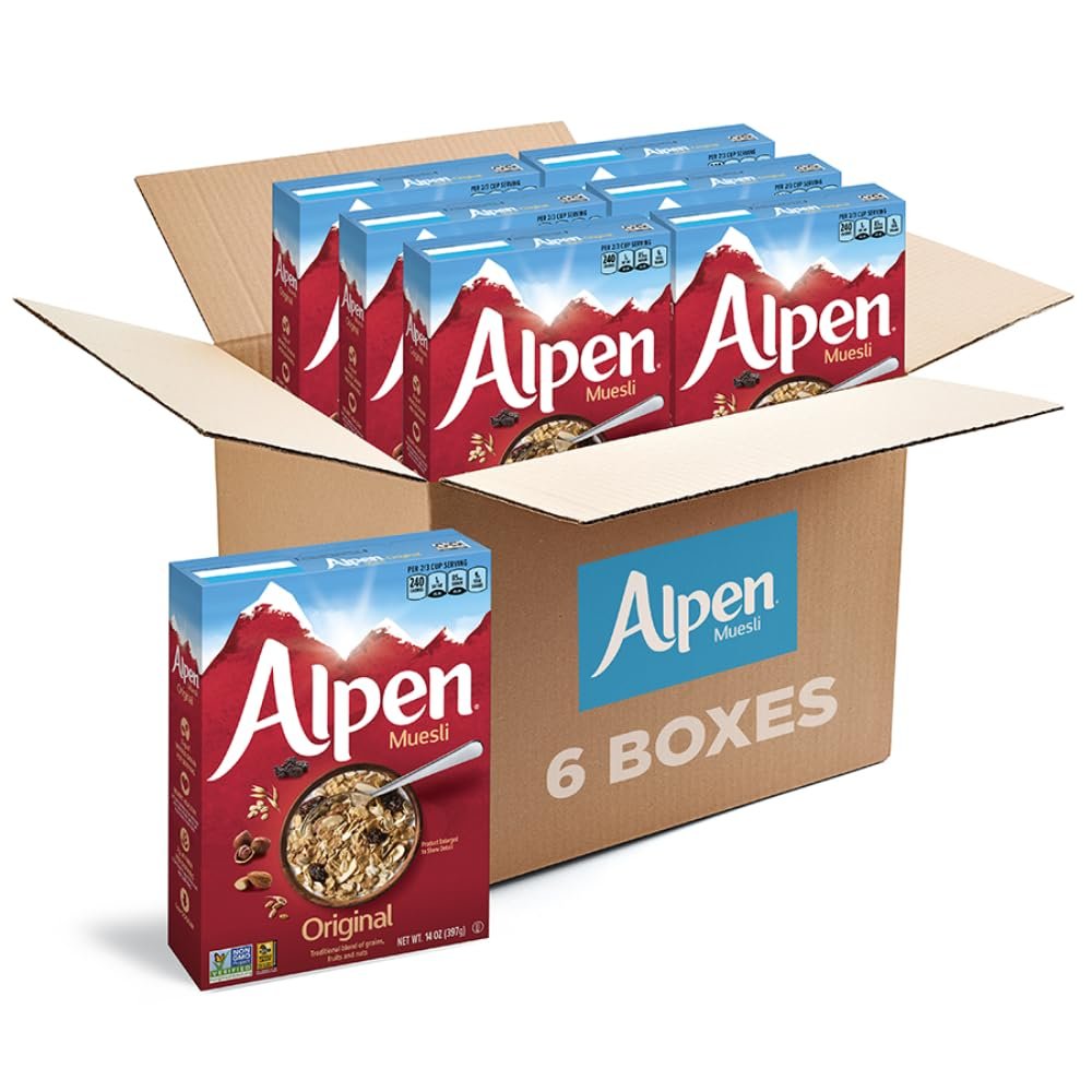 Alpen Muesli Original Cereal, Heart Healthy Cereal with Wheat Flakes, Rolled Oats, Nuts and Raisins, Non-GMO Project Verified, 14 OZ Box (Pack of 6)