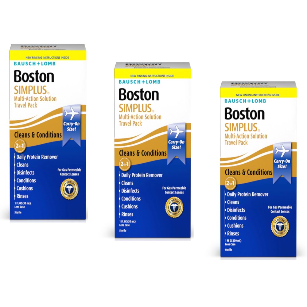 Boston SIMPLUS Multi-Action Solution Travel Kit and Lens Case - from Bausch + Lomb, 1 fl oz (30 mL), Contact Lens Case Included (Pack of 3)