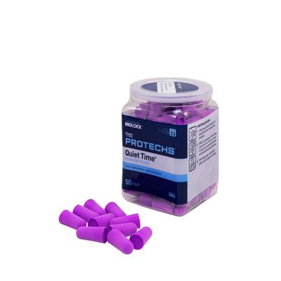 Flents Protechs Foam Ear Plugs, 50 Pair for Sleeping, Snoring, Loud Noise, Traveling, Concerts, Construction, Studying, Work, Shooting, NRR 33, Noise Cancelling, Disposable, Purple, Made in the USA