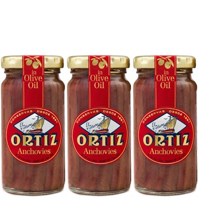 Ortiz Anchovies in Extra Virgin Olive Oil, Firm Buttery Fillets with a Rich Umami Taste, Wild Caught in Spain, Great for Pizza, Pasta and Caeser Salad, 3.3oz Glass Jar (Pack of 3)