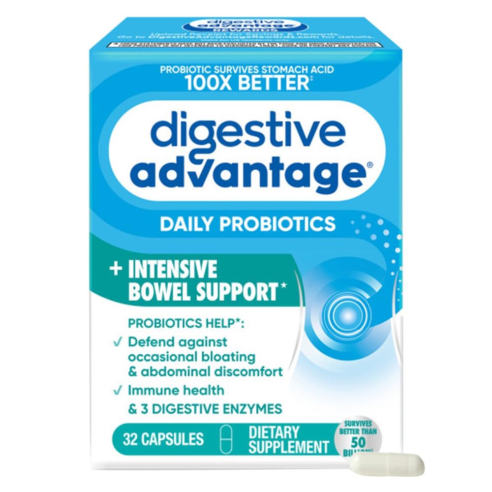 Digestive Advantage Intensive Bowel Support Probiotic Supplement 32 Capsules, Defends Against Gas, Bloating, Abdominal discomfort, Survives 100x Better