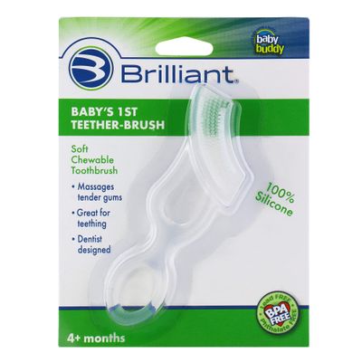 Brilliant Oral Care Babys First Toothbrush, Smooth Silicone Bristles Gently Clean Tender Teeth and Gums, for Ages 4+ Months, Clear, 1 Pack