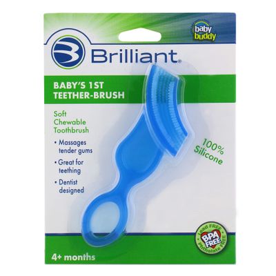 Brilliant Babys First Toothbrush & Teether - Dentist Recommended, Freezer-Safe Silicone for Ages 4+ Months, Teething Relief + Dental Care, Dishwasher Safe, Blue