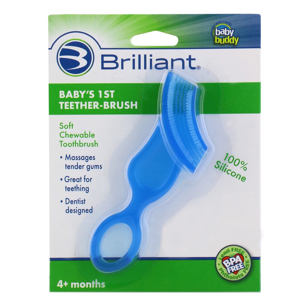 Brilliant Babys First Toothbrush & Teether - Dentist Recommended, Freezer-Safe Silicone for Ages 4+ Months, Teething Relief + Dental Care, Dishwasher Safe, Blue