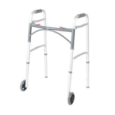 Drive Medical Two-Button Folding Walker w/ Wheels - Lightweight Rolling Mobility Support - Desk Arms - Adjustable Height - Dual Push Operation - 5 Inch Front Wheels - Durable Aluminum - Silver