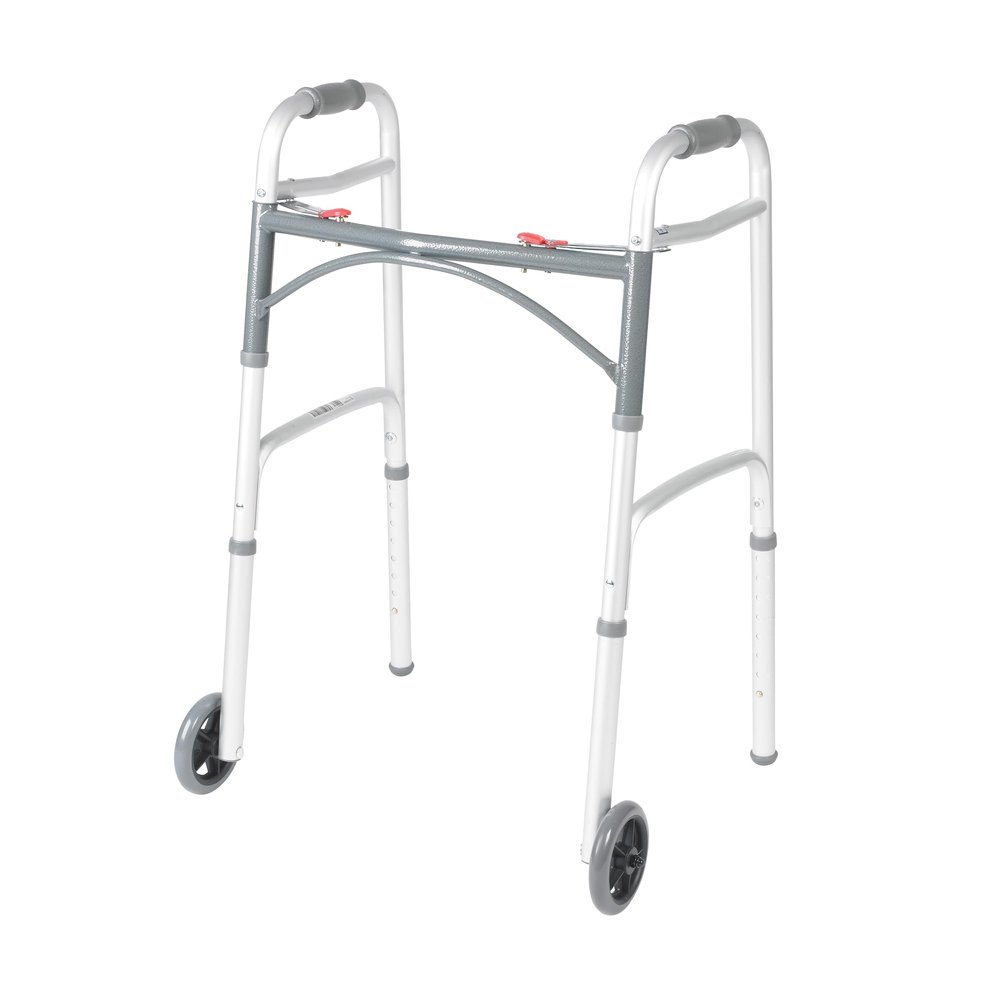Drive Medical Two-Button Folding Walker w/ Wheels - Lightweight Rolling Mobility Support - Desk Arms - Adjustable Height - Dual Push Operation - 5 Inch Front Wheels - Durable Aluminum - Silver