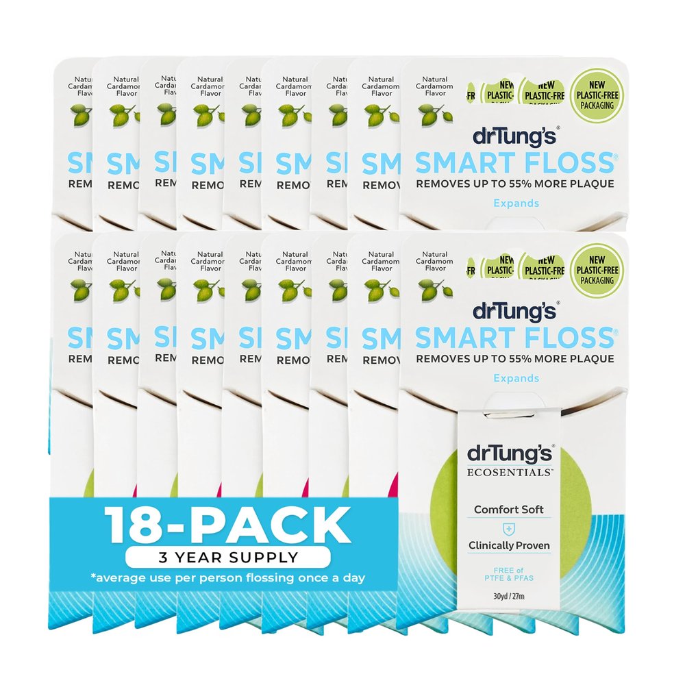 DrTung's Smart Floss - Natural Floss, PTFE & PFAS Free Floss, Gentle on Gums, Expands & Stretches, BPA Free - Natural Dental Floss Cardamom Flavor (Pack of 18)