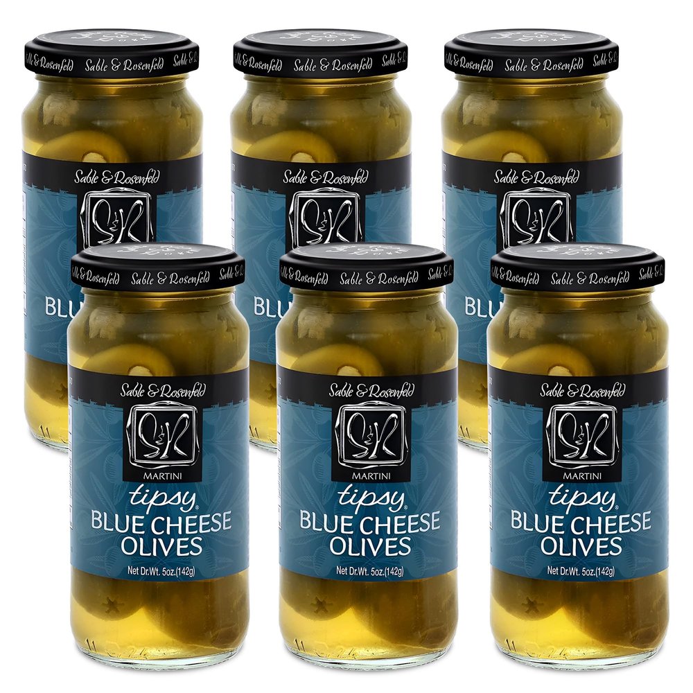 Tipsy Olives - Green Olives Stuffed with Blue Cheese - Large Cocktail Olives for Cocktails, Bloody Mary Condiments, Martini Stuffed Olives, Olive Bar - Sable & Rosenfeld - 5 oz (Pack 6)