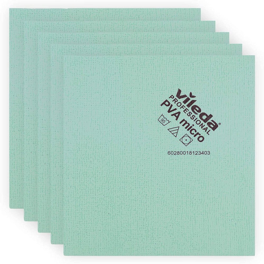 Vileda Professional | PVA Microfiber Green | All Purpose Cleaning Shammy | Shiny Streak Free Results | Synthetic Chamois Towel | Smooth & Absorbent Materials | 5 Pack