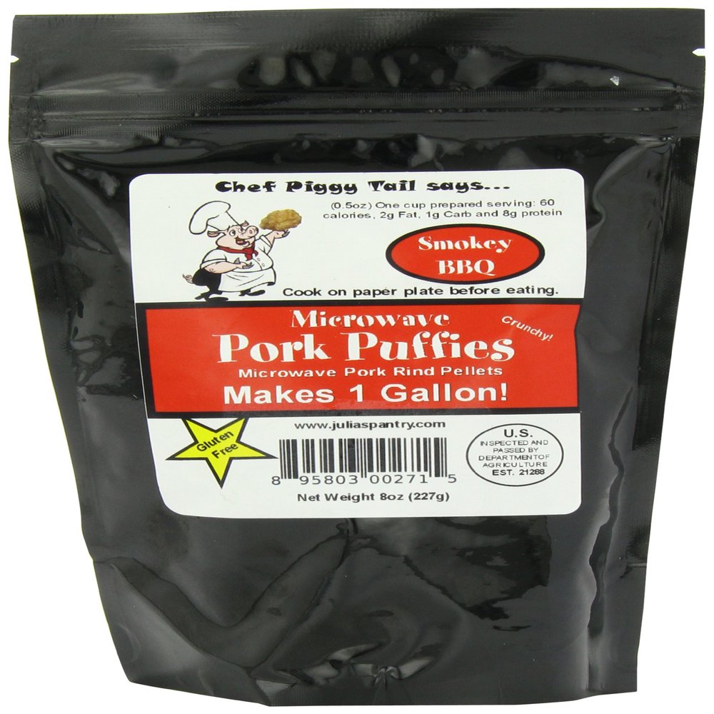 Chef Piggy Tail Microwave Pork Puffies Pork Rinds, Smokey BBQ, 8 Ounce