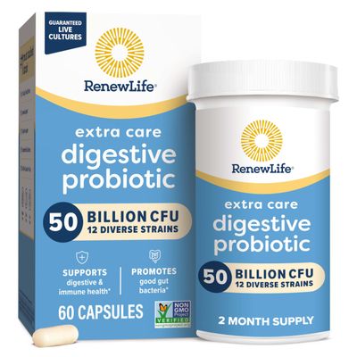 Renew Life Extra Care Digestive Probiotic Capsules, 50 Billion CFU Guaranteed, Daily Supplement Supports Immune, Digestive, Respiratory Health(1), L. Rhamnosus GG, Dairy, Soy and Gluten-Free, 60 Count